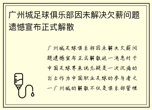 广州城足球俱乐部因未解决欠薪问题遗憾宣布正式解散