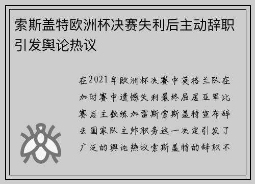 索斯盖特欧洲杯决赛失利后主动辞职引发舆论热议